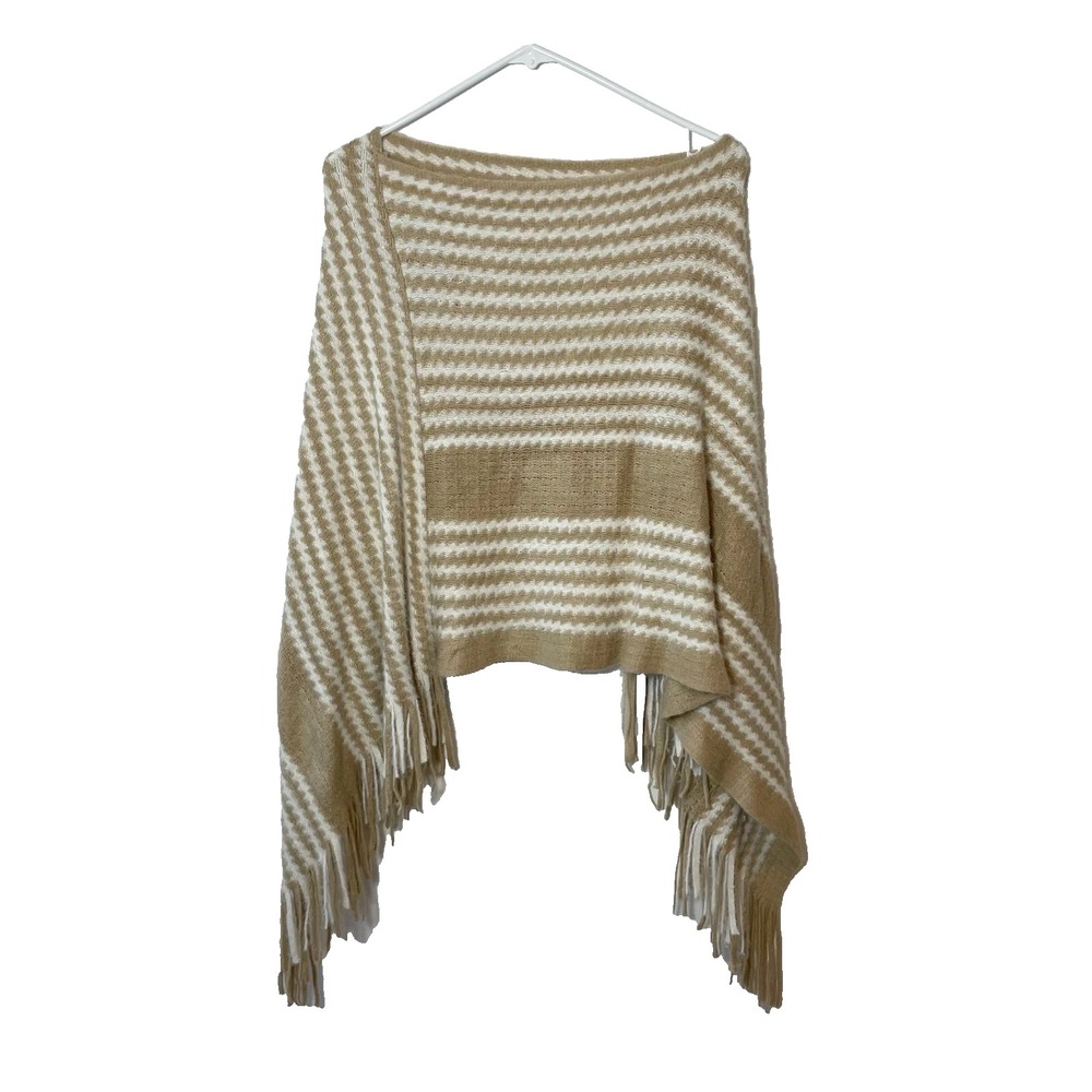 C+D+M Fringe Trim Pullover Poncho Sweater Womens OS Beige Striped Bohemian NEW